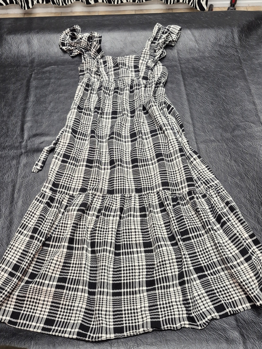 New Look Black & White Plaid Ruffled Strap Maxi Dress